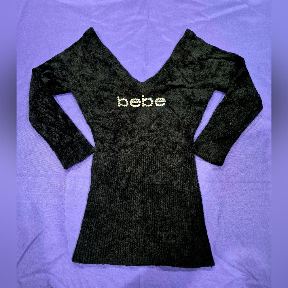 Bebe Swarvoski Logo Black Chenille Double V-Neck Sweater - XS
